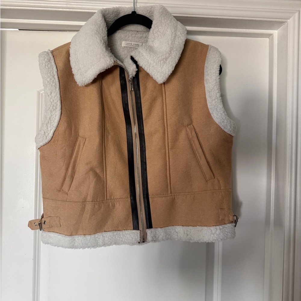 12th Tribe Camel Vest with White Faux Shearling Collar